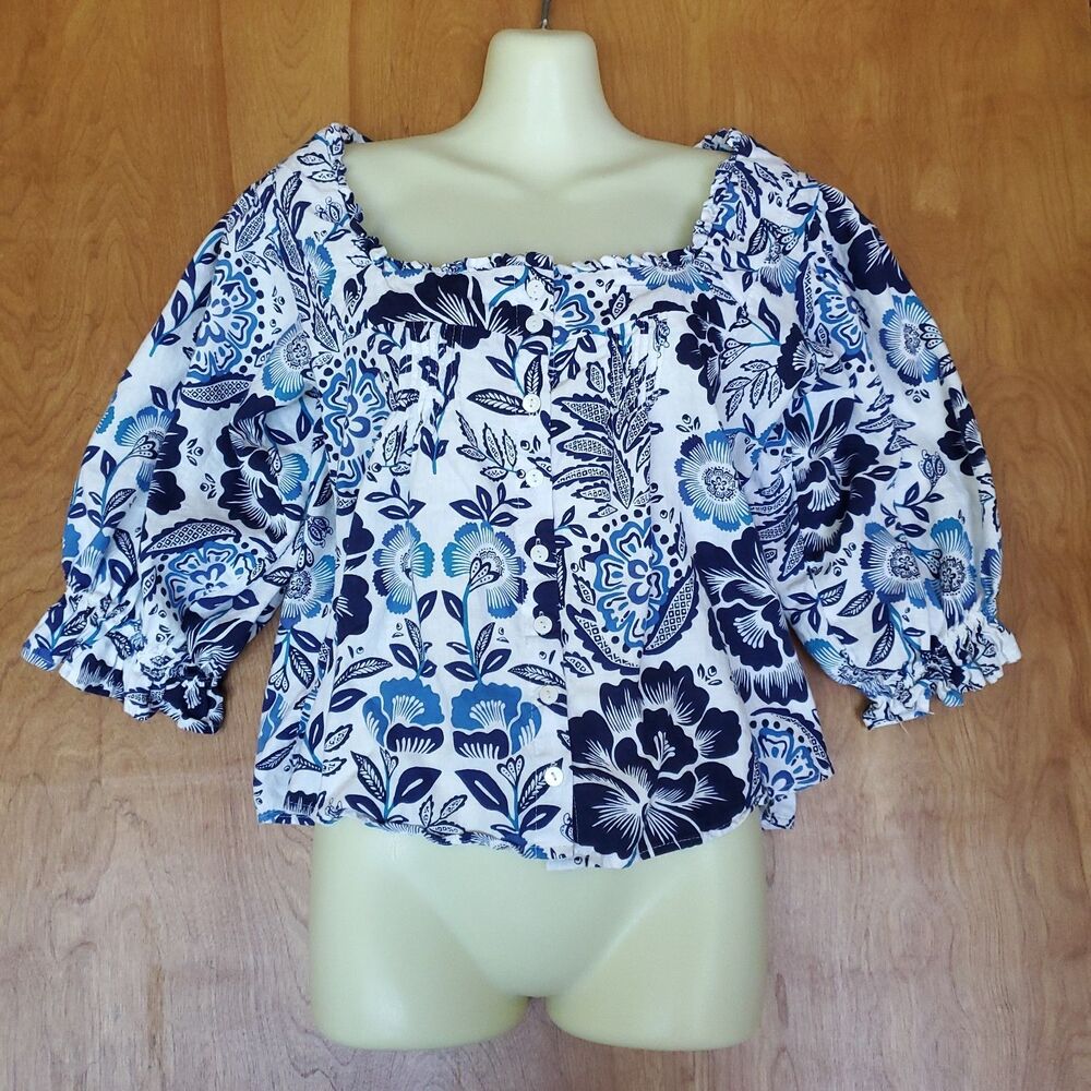 Rachel Zoe Top Sz S Blue White Floral Linen Blend Boho Bloomcore Peasant Crop
